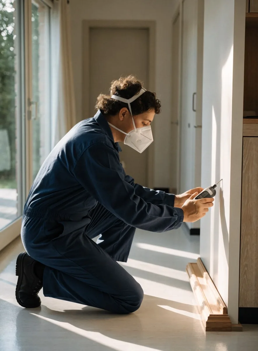 Water damage restoration in Studio City, CA: technician checking a wall with a moisture meter beside a removed baseboard